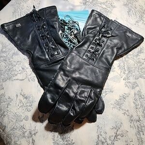 Sz 7-8 Harley-Davidson LADY Black Leather Lace-Up Gauntlet Quilted